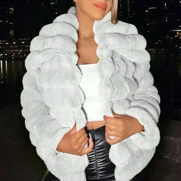 White Preppy Womens Open Front Fuzzy Jacket - Picture 5 of 5